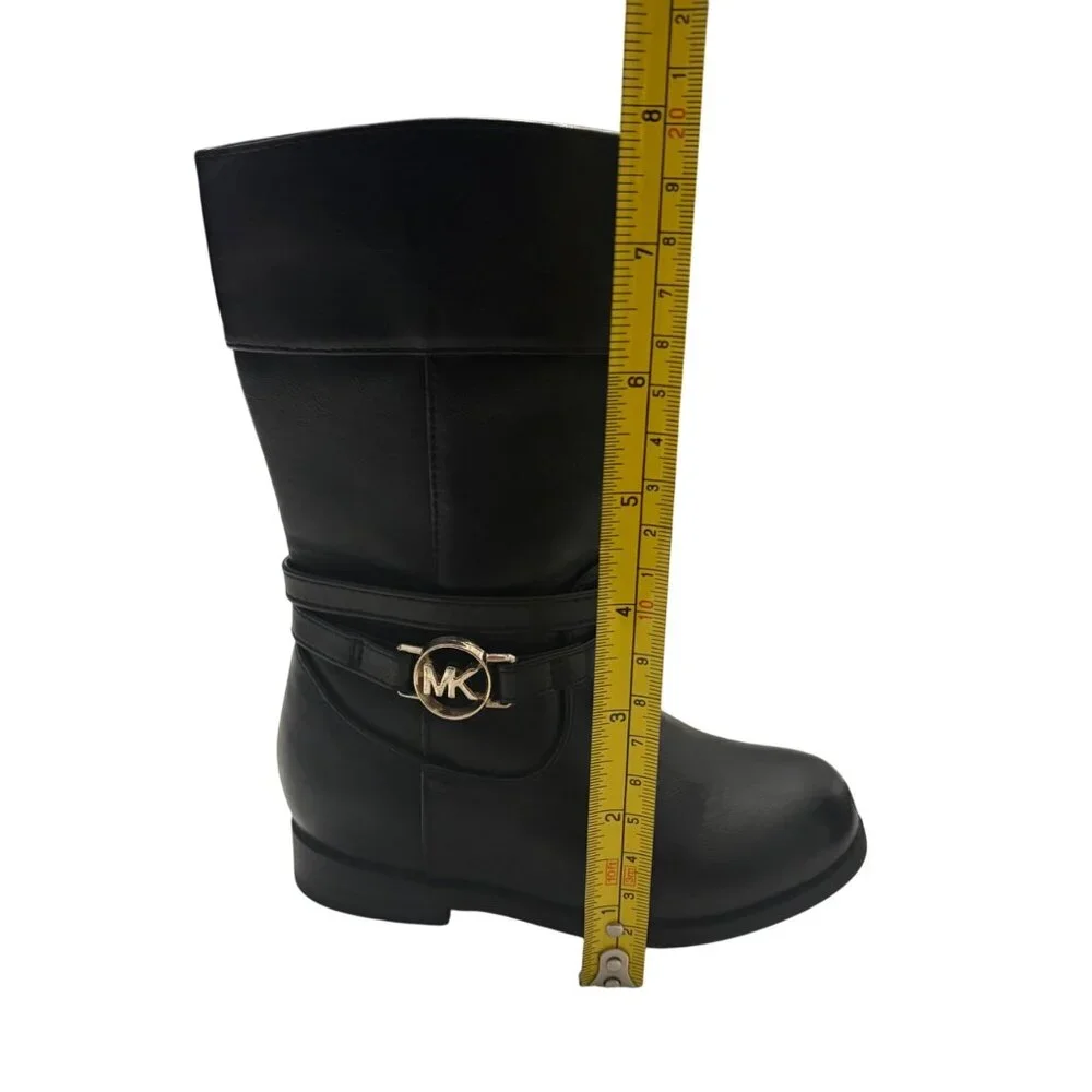 Michael Kors Girls Black Leather Logo Buckle Mid-Calf Boots Size 7
